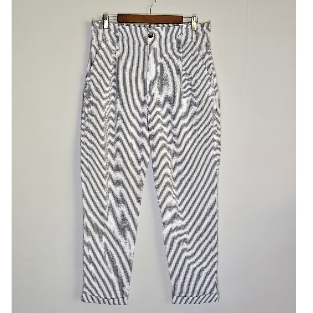 H&M Women's Seersucker Ankle Pants Size 12 Blue White Striped Cropped coastal